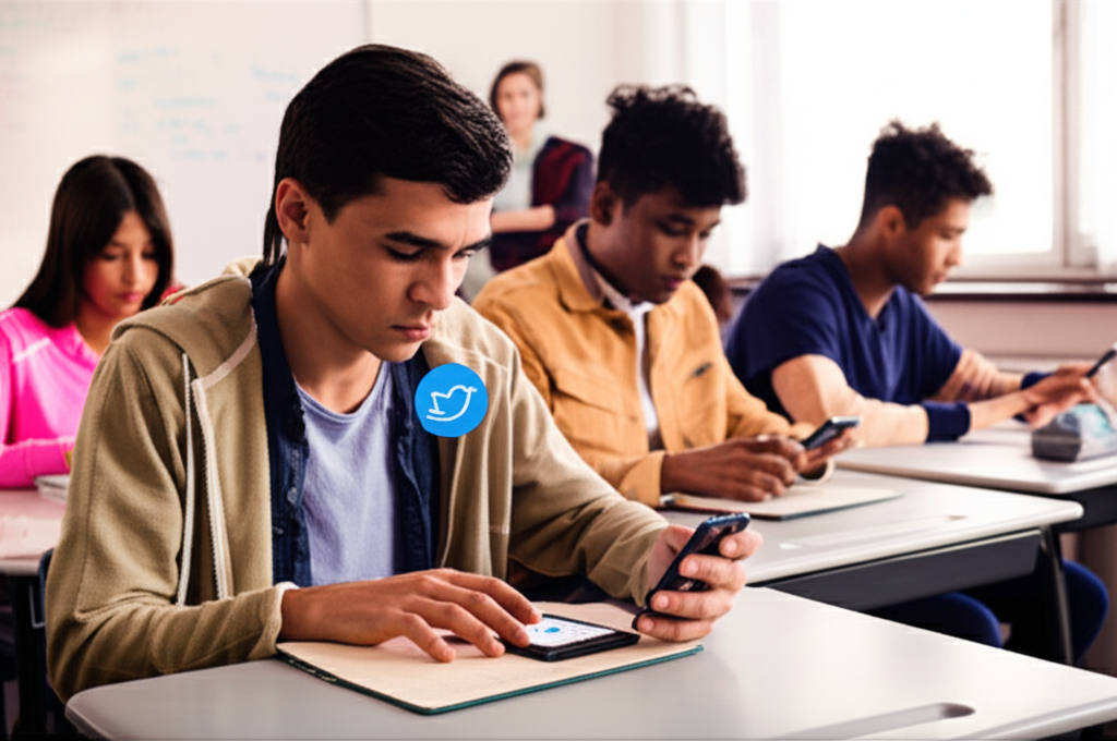 Students using Twitter on phones during class, illustrating social media distraction