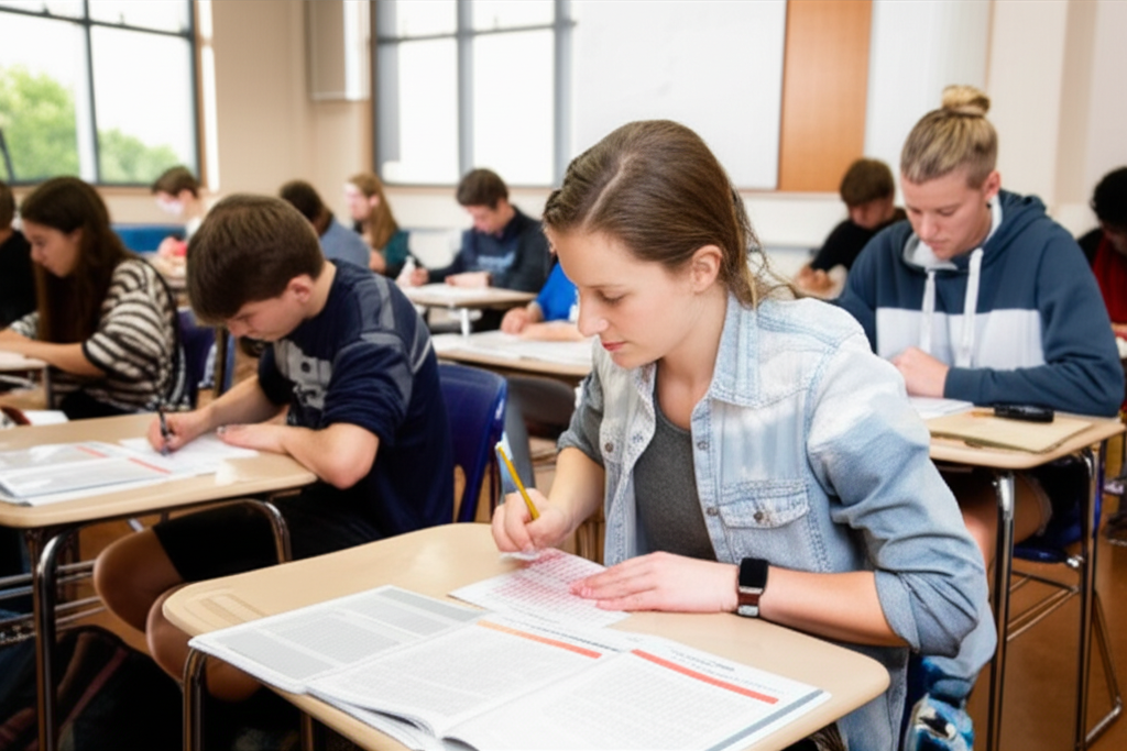 High school students taking AP exams in a classroom