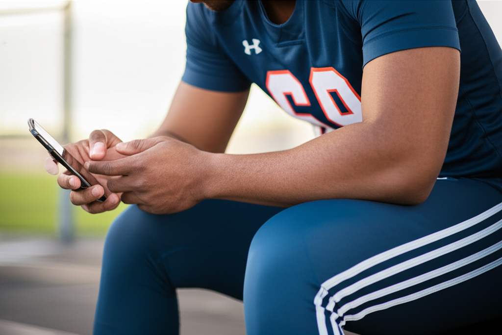 College athlete looking at smartphone with concerned expression