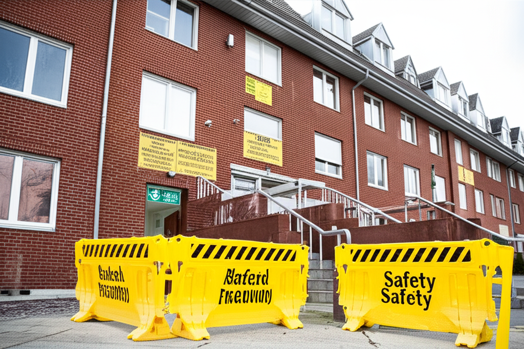 University residence hall with safety barriers and warning signs