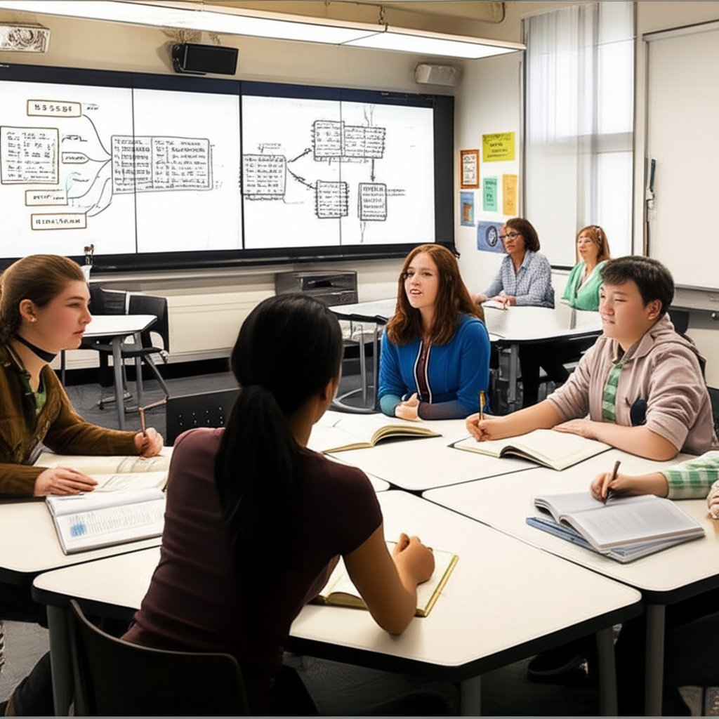 Students engaged in analytical discussion in university classroom