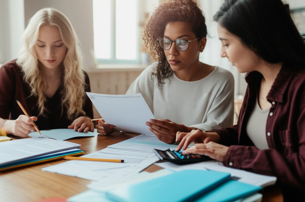 Students filling out financial aid forms with calculator and documents
