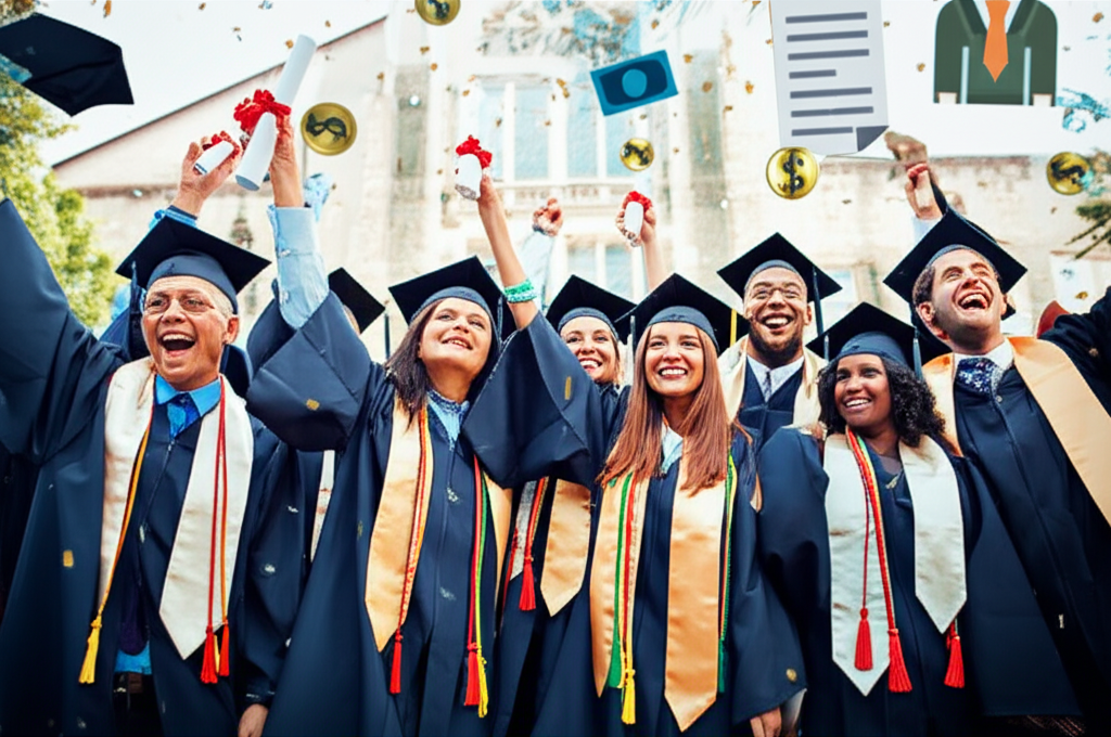 Graduates celebrating with salary and success themes
