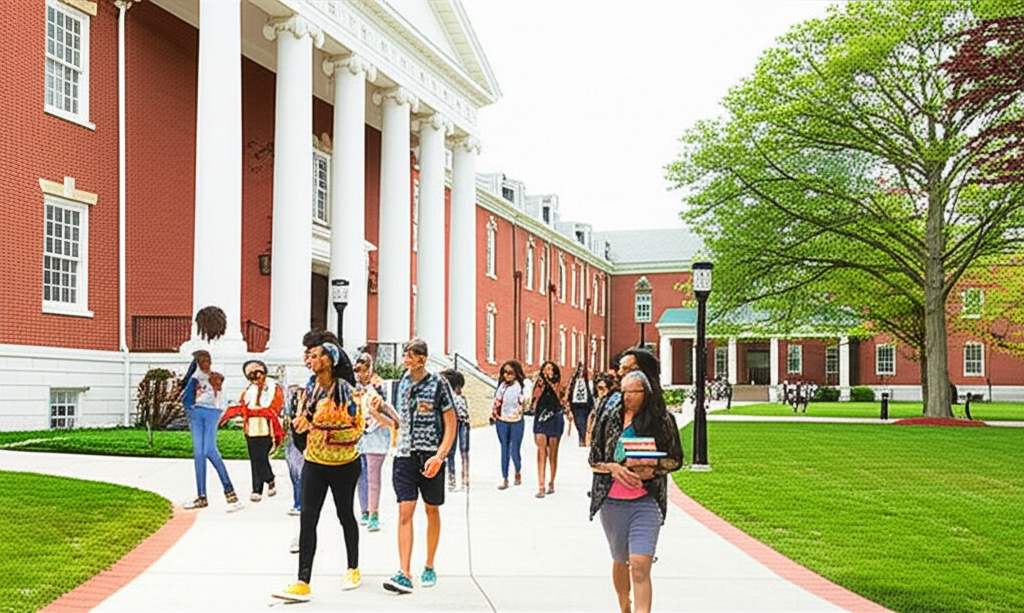 Historic HBCU campus building with students walking on pathways