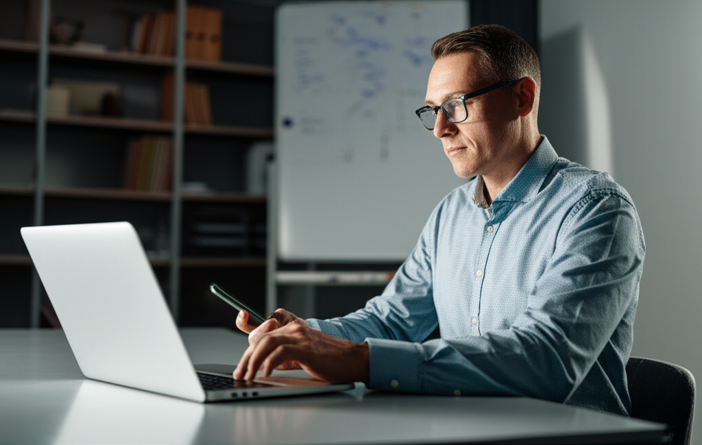 College professors using laptops and smartphones for social media engagement