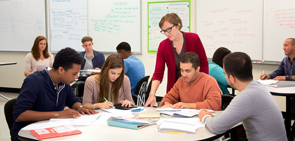 Students in developmental education classroom working with instructor support