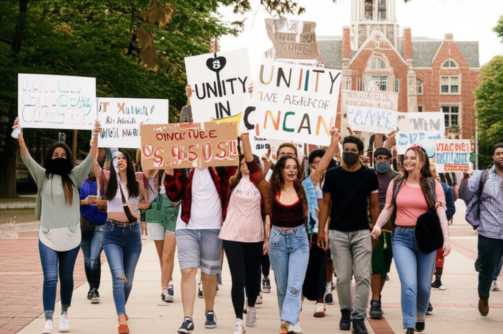 Students protesting outside fraternity house with signs about hazing reform