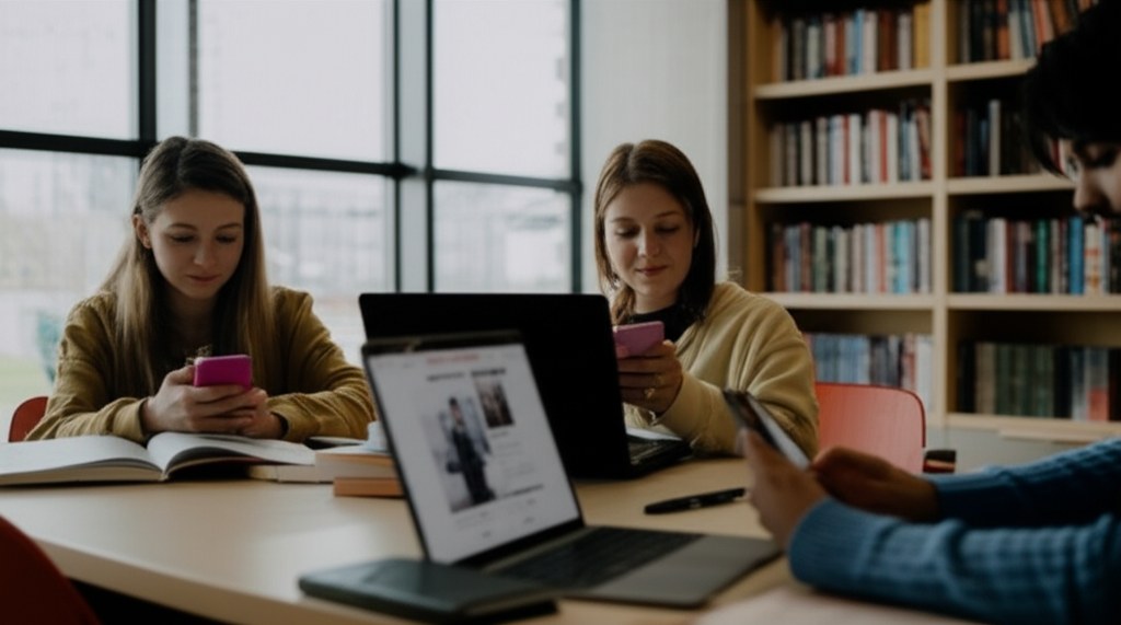 Students using Twitter on their phones and laptops